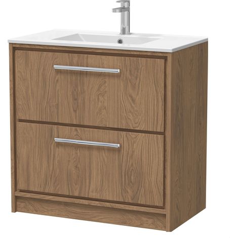 Longnor 2 Drawer Floor Standing Vanity Unit with 1 Tap Hole Minimalist Basin, Antique Oak, 800mm
