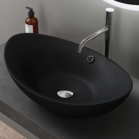 doporro Waschbecken Oval Aufsatzwaschbecken Bad 59x38x19cm Brüssel 818 Lotuseffekt durch Nanoversiegelung Aufsatzwaschbecken aus Keramik in Matt Schwarz (1/5)