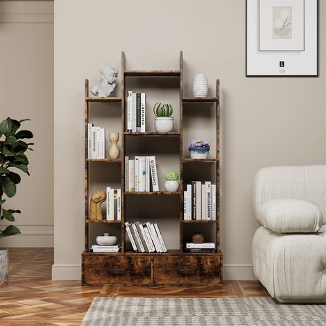Bibliothèque Arbre Industrielle avec 2 Tiroirs - 86 x 25 x 140 cm - Étagère de Rangement 12 Niveaux - Marron Rustique (1/5)
