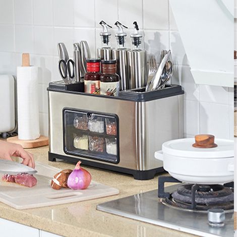Étagère à épices de cuisine en acier inoxydable, boîte de rangement, ensemble de pots à épices, flacons à épices, porte-couteaux (1/4)