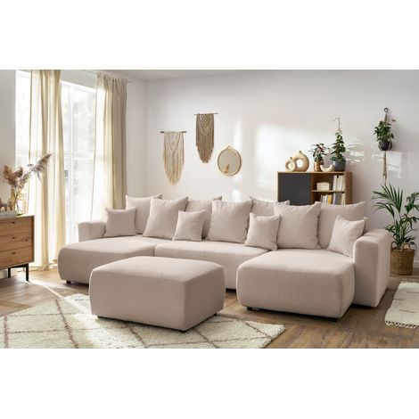 BOBOCHIC - Canapé panoramique convertible coffre ENVY tissu bouclette avec pouf rectangulaire Beige (1/5)
