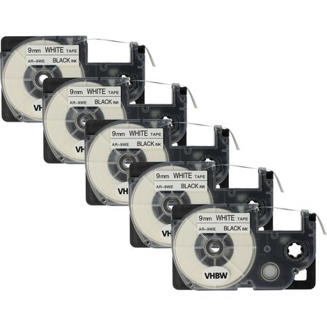 vhbw 5x Label Tape Replacement for Casio XR-9WE, XR-9WE1 for Label Printer 8m x 9 mm, Black on White (1/4)