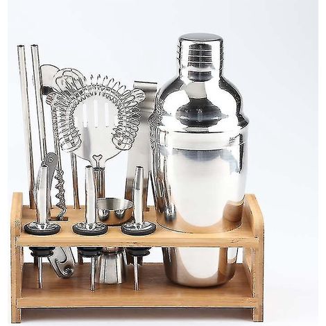12-teiliges Cocktailset, bestehend aus einem 750-ml-Martini-Shaker aus Edelstahl und einem Holzständer. (1/3)