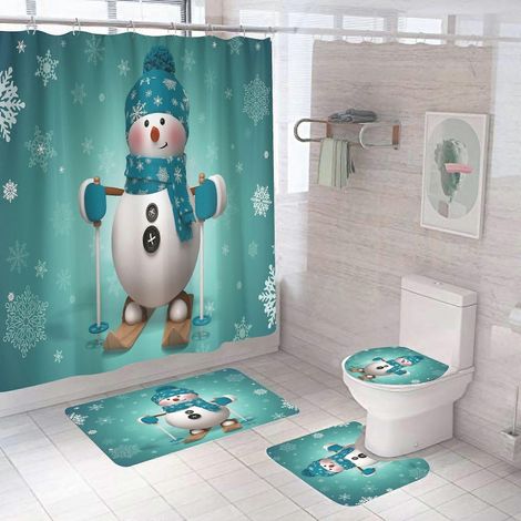 Weihnachtlicher Duschvorhang fürs Badezimmer, Weihnachtsmann-Schneemann-Badezimmerdeko-Set mit Teppich, waschbare, rutschfeste Matten (1/5)