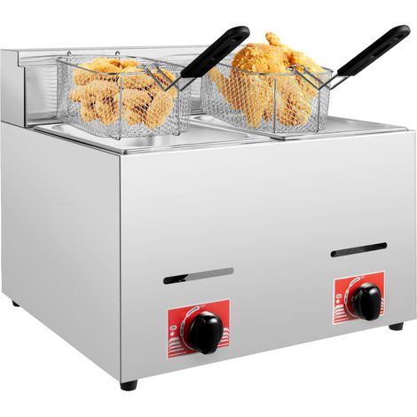 Friteuse de comptoir 2 x 6 L Friteuse professionnelle en acier inoxydable fonctionnant au GPL, modèle robuste à double cuve avec 2 paniers de friture, pour restaurants, supermarchés et snack-bars