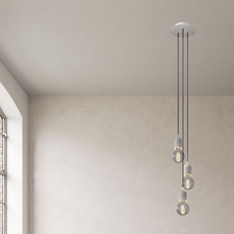 creative cables - Lampada a sospensione a 3 cadute con Rose-One rotondo 200 mm completa di cavo tessile e finiture in cemento