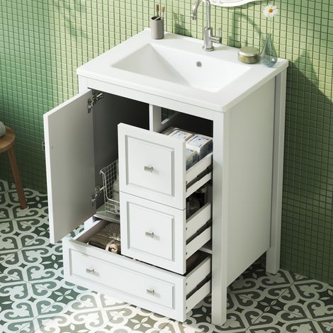 624790cm, lavabo sur pied, vasque en céramique, surface laquée, grand espace de rangement, rails coulissants silencieux, charnières à fermeture douce, blanc. (1/4)
