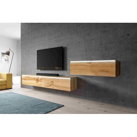 Meuble TV BARGO III 300 cm – Lowboard avec LED – 3 armoires de 100 cm – 6 étagères pour rangement – Dimensions H34 x P32 cm – Furnix