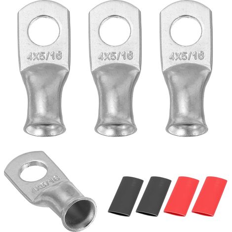 4pcs 4 AWG M8 Battery Lugs Ring Terminals, 5/16" 8mm Stud Crimp Wire Terminal Connector End Copper, 2:1 Heat Shrink Tubing, Silver (1/5)