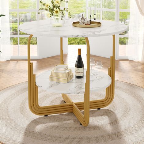 Mesa de comedor redonda 80 cm en MDF efecto mármol, con almacenaje, dorada HAVRYA (1/5)