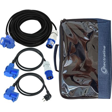 Electraline Set Campeggio IP44, Prolunga Industriale in Gomma 10 m e Adattatore 1,5 m (Doppia Presa Schuko e CEE, Spina CEE), Cordone 1,5 m (Doppia Presa Schuko e CEE, Spina Schuko), Box Organizer (1/4)