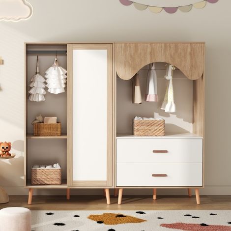 Rattankleiderschrank,2-türige Kleiderschränke, Kleiderschrank, mit Kleiderstange und Stauböden, aus MDF und lackierten Fronten, Schlafzimmerkleiderschrank