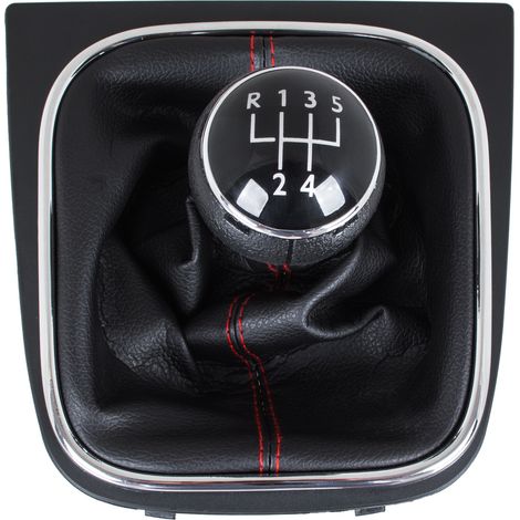 VW Golf V 03-08 Schaltknauf + SCHWARZE Schaltmanschette mit ROTEM Faden und CHROM-Rahmen 5-GANG (1/5)