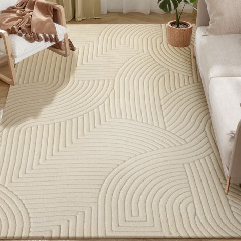 Homcom – Tapis de salon géométrique crème 160 x 120 cm – Poils épais 15 mm – Antidérapant en polyester-coton – Couture renforcée
