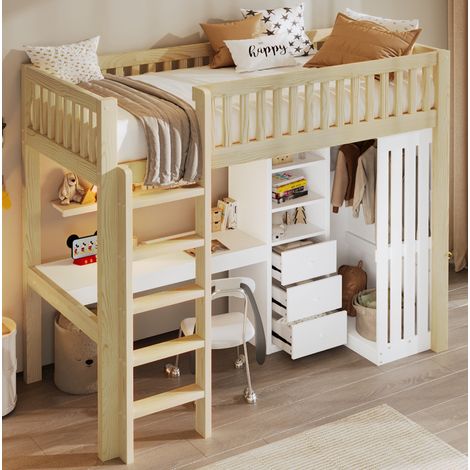 Hochbett mit Schreibtisch Kleiderschrank 3 Schubladen 90x200 OKMYHOME (1/5)