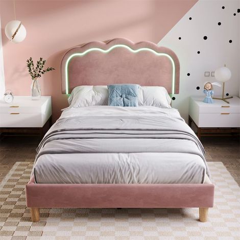Lit simple rembourré 90x200 cm rose avec LED, sommier à lattes et tête réglable – pour enfant