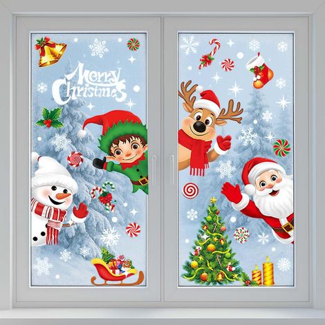 Juego de 9 pegatinas navideñas para ventanas, pegatinas de doble cara para ventanas, copos de nieve, Papá Noel, renos, campanas, árbol de Navidad. (1/5)