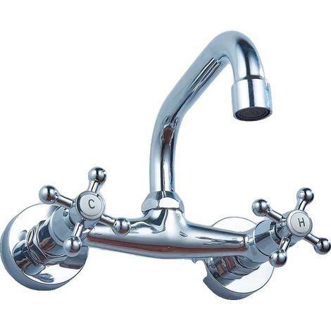 Rubinetto per bagno, a doppia maniglia, a parete, cromato, argento (1/2)