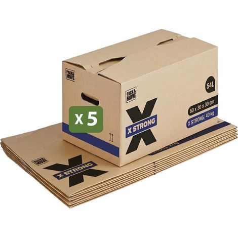 Pack and Move - Lot de 5 Cartons Déménagement X Strong - 60 x 30 x 30 cm - Charge 40 kg - Extrême Résistance - Grande Capacité