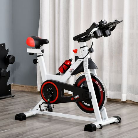 Heimtrainer mit einstellbarem Widerstand, professionelles, leises Fitnessfahrrad mit verstellbarem Lenker und Sattel, Ablagefach, LCD-Monitor, Flaschenhalter, Rädern, Weiß
