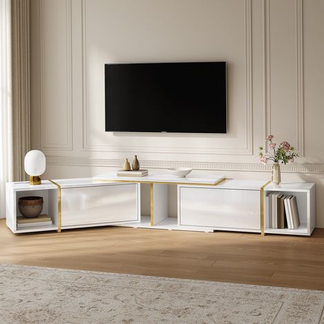 Mobile TV allungabile 275x35x37 cm, bianco e oro, finitura lucida, vani a giorno, mobile TV allungabile in truciolato (1/5)