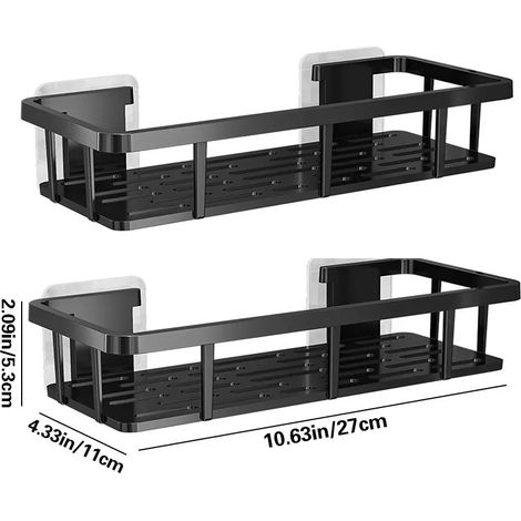 (Lot de 2 noirs) Étagère murale en aluminium pour salle de bain, porte-shampoing, organisateur de rangement pour douche, accessoires de cuisine et salle de bain, sans perçage. (1/5)