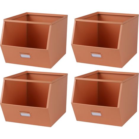 Lot de 4 bacs de rangement métal superposables avec porte-étiquette - Saumon - Livraison gratuite