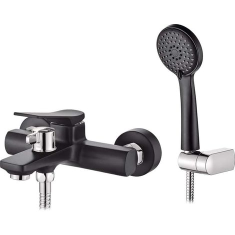 Badewannenarmatur mit Handbrause (3 Strahlarten), Brauseschlauch (150 cm) und Halterung – Universelle G1/2-Badewannenarmatur, Wandmontage, einfache Installation, Messing, Chrom, Schwarz (1/5)