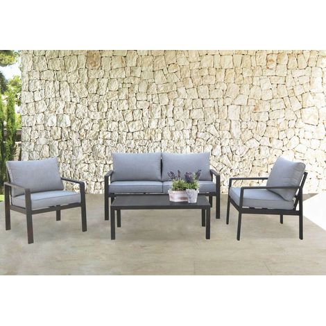 4 -seerer Wohnzimmer im Aluminium -Sesselesofa im Freien und im vollen Tisch mit Alcazar -Kissen - Black