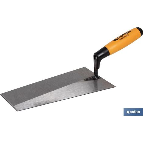 COFAN paleta punta cuadrada l-260mm. mango goma , Paleta modelo punta cuadrada para el sector de la construcción. Medida de longitud de la paleta: 250 x 130 x 65 mm. El mango es de