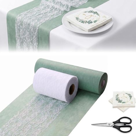 Chemin de Table pour Communion, Vert Eucalyptus, 40 Personnes non-tissé + ruban de dentelle + serviettes + ciseaux, pas de plis, peut être découpé, sans confettis (1/5)