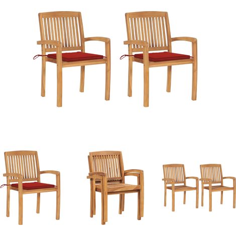 Teakholz Stühle - vidaXL Gartenstühle 2 Stk. mit Roten Kissen Massivholz Teak - Holzstühle mit Kissen (1/5)