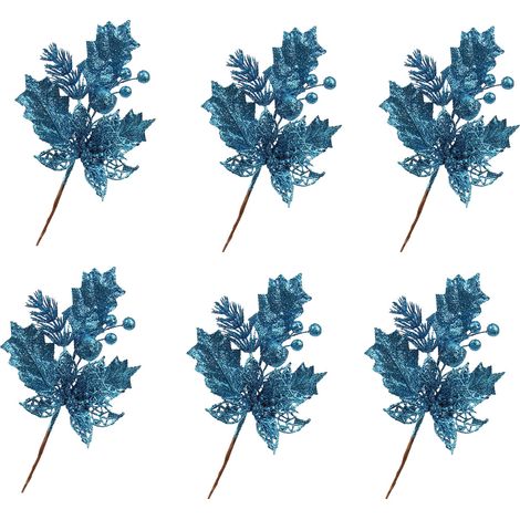 Piques De Décoration De Noël - Avec Fleur Artificielle Feuillage Et Baies - Tige Flexible En Fil Métallique - 6 Pièces (1/5)