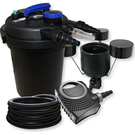 SunSun Komplettset: CPF-180 Teichdruckfilter bis 6000 L mit 11 Watt UV-C Teichklärer, CTF-8000 SuperECO Teichpumpe 8000l/h 70W, 25m Teichschlauch 25 mm, CSP-250 Schwimmskimmer mit Pumpe 2500l/h 45W