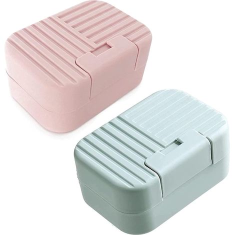 Porte-savon avec couvercle - Lot de 2 - Porte-savon portable idéal pour la salle de bain, la douche et le camping - Rose/Bleu (1/5)