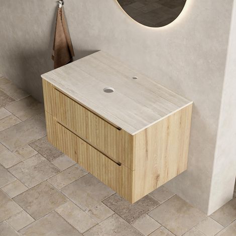 80cm Schwebender Badezimmer,Travertin-Sintersteinplatte,Gestreifter Sperrholzschrank mit 2 Schubladen,Vormontiert, ohne Waschbecken,Helle Eiche (1/4)