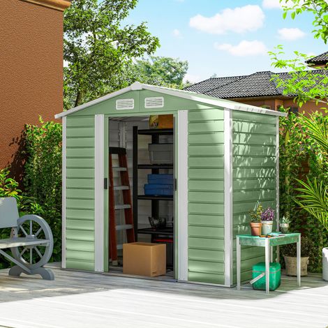 Cobertizo Metálico para Jardín 213x120x166/194 cm con Base Refuerzo Puertas Correderas y Ventilaciones Verde Claro (1/5)