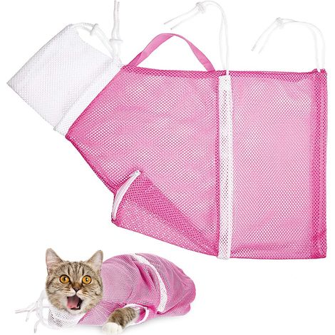 1 Sac de bain pour chat, filet respirant, poignée de levage, polyester doux, pour toilette et soins vétérinaires (1/5)