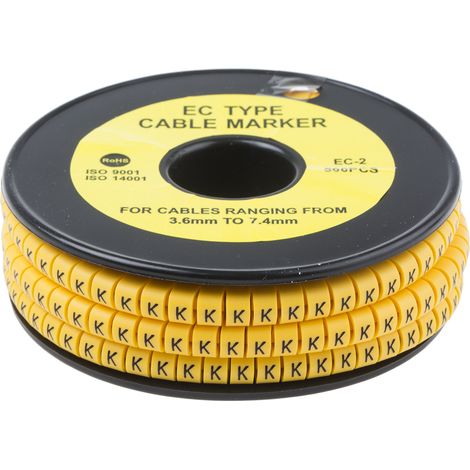 Repère câble , Ø câble 3.6  7.4mm, texte : K, Noir sur Jaune ( Prix pour Bobine de 500 )