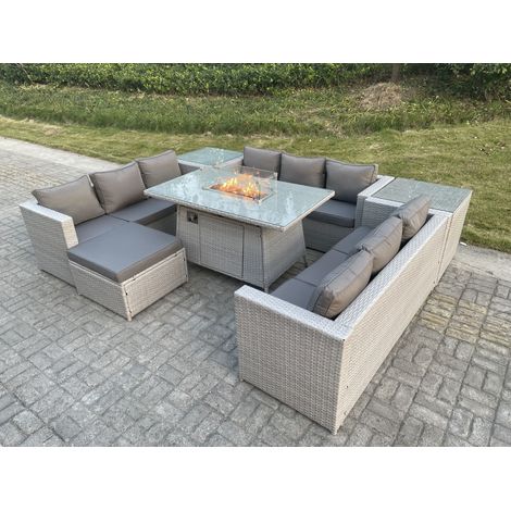 Fimous Light Grey U Shape Lounge Sofa Dining Set With Gas Heater Fire pit Burner With 2 PC Side Coffee Tea Table Footstool (1/5)
