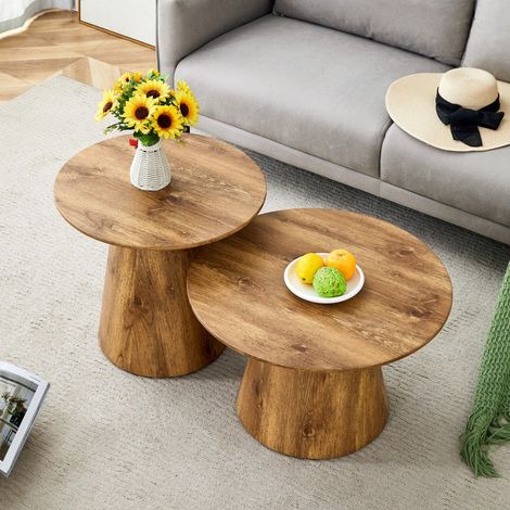 Lot de 2 tables basses gigognes effet bois naturel - Ø60cm et Ø50cm - Tables d'appoint en MDF style Wabi-Sabi - Naturel (1/5)