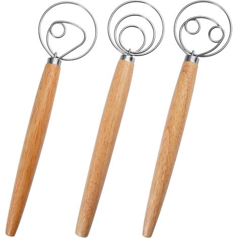 Dänischer Teigpinsel 3er-Set mit Holzgriff, 13,25 Zoll dänischer Schneebesen für schnelles Mischen, holländischer Schneebesen aus Edelstahl, Küchenzubehör für die Zubereitung von Brot, Teig, Kuchen un