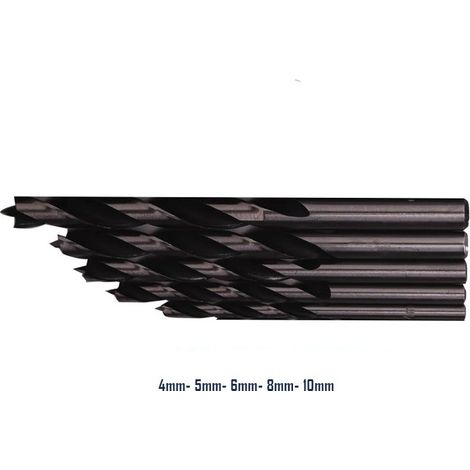 TrAdE Shop Traesio - Set 5 Punte Punta Trapano A Spirale Nero 4-5-6-8-10 Mm Torcere Foro Trivella -