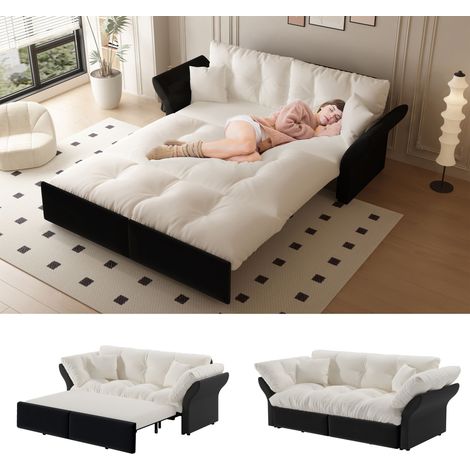 Canapé-lit Convertible 3-en-1, Lit de jour Multifonctionnel - Chaise Longue Extractible Lit Queen 2 Coussins - Velours Tufté - Beige