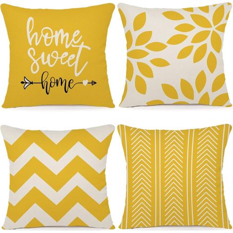 Ensemble de 4 housses de coussin décoratives pour intérieur et extérieur - 45 x 45 cm - Jaune (1/5)