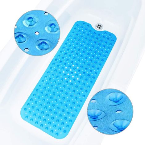Tapis de bain antidérapant, extra-long 100x40 cm, avec trou de drainage à ventouse, tapis de douche anti-moisissure, bleu