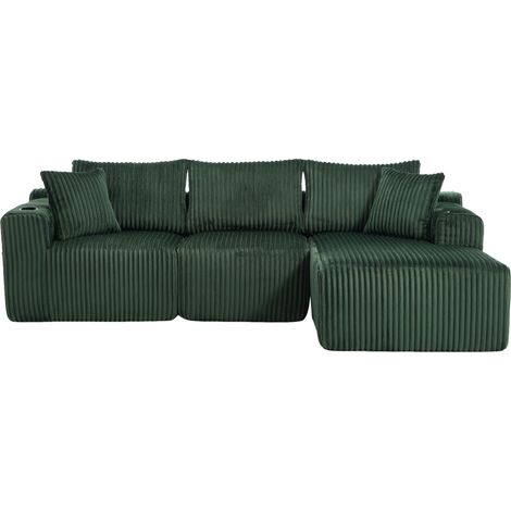 Sofá modular de terciopelo acanalado verde con chaise longue, 2 plazas y 5 cojines (1/5)