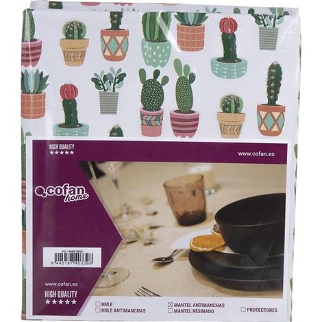 Mantel antimanchas impermeable con estampado de cactus 140x140cm 60% algodón y 40% poliéster (1/4)