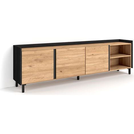 Skraut Home - Meuble TV, Banc Télé, Grand espace de Rangement, 207x35x61cm, Pour les TV jusqu'à 80", Design industriel, Style moderne, Chêne et noir (1/5)