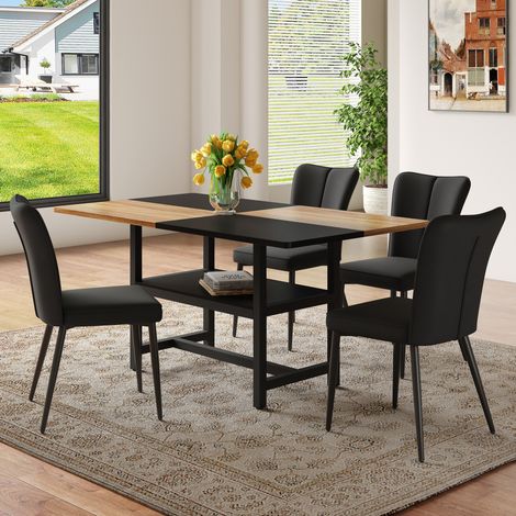 Ensemble table à manger rectangulaire 160 cm avec rangement et 4 chaises PU noires OKWISH (1/5)